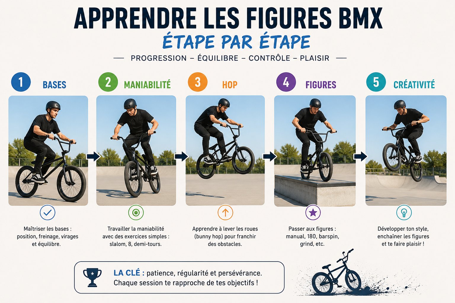Parcours d'apprentissage des figures bmx freestyle étape par étape