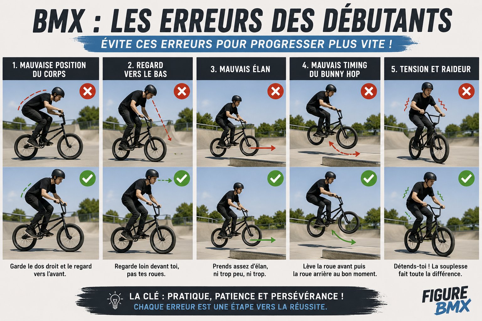 Débutant corrigeant une erreur de posture en bmx freestyle