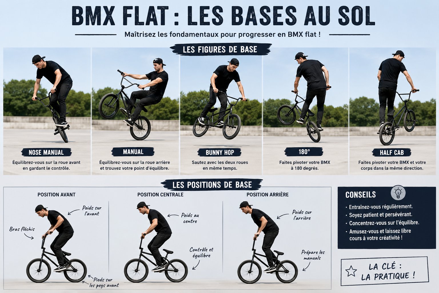 Débutant travaillant les bases du bmx freestyle au sol